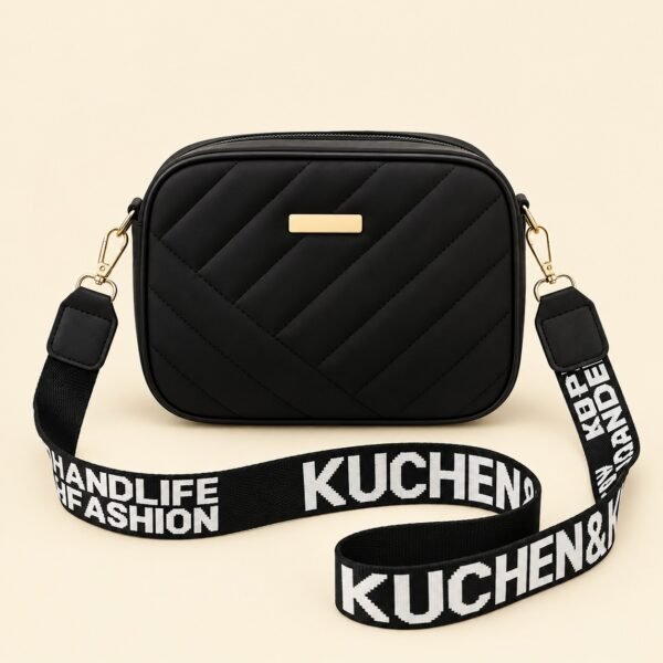 Black leather handbag for women and girls with shoulder strap