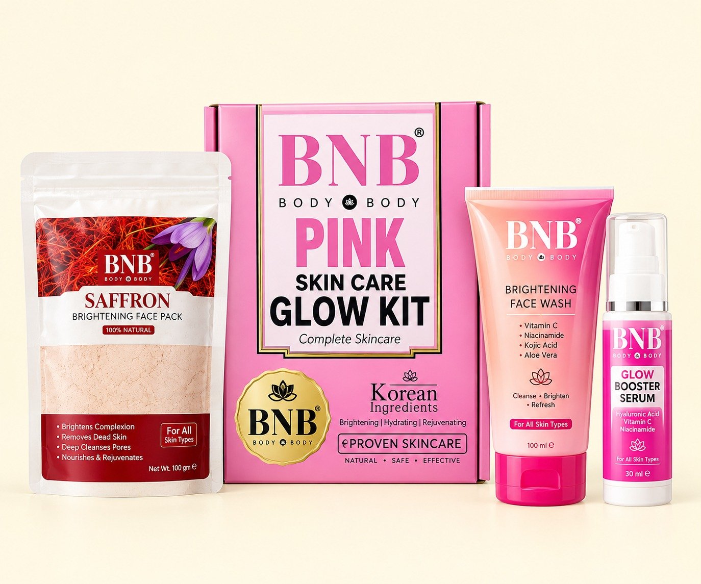 WhatsApp Image 2026-09-17 at 11.27.55 PM BNB Pink Face Glow Kit 3-in-1 skincare face wash mask SPF protection set
