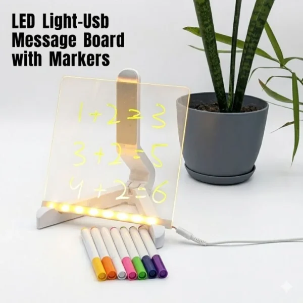 8x8 Inches LED Acrylic Writing Board with USB Light | 7 Colorful Erasable Pens |  Message Board with Markers & Stand