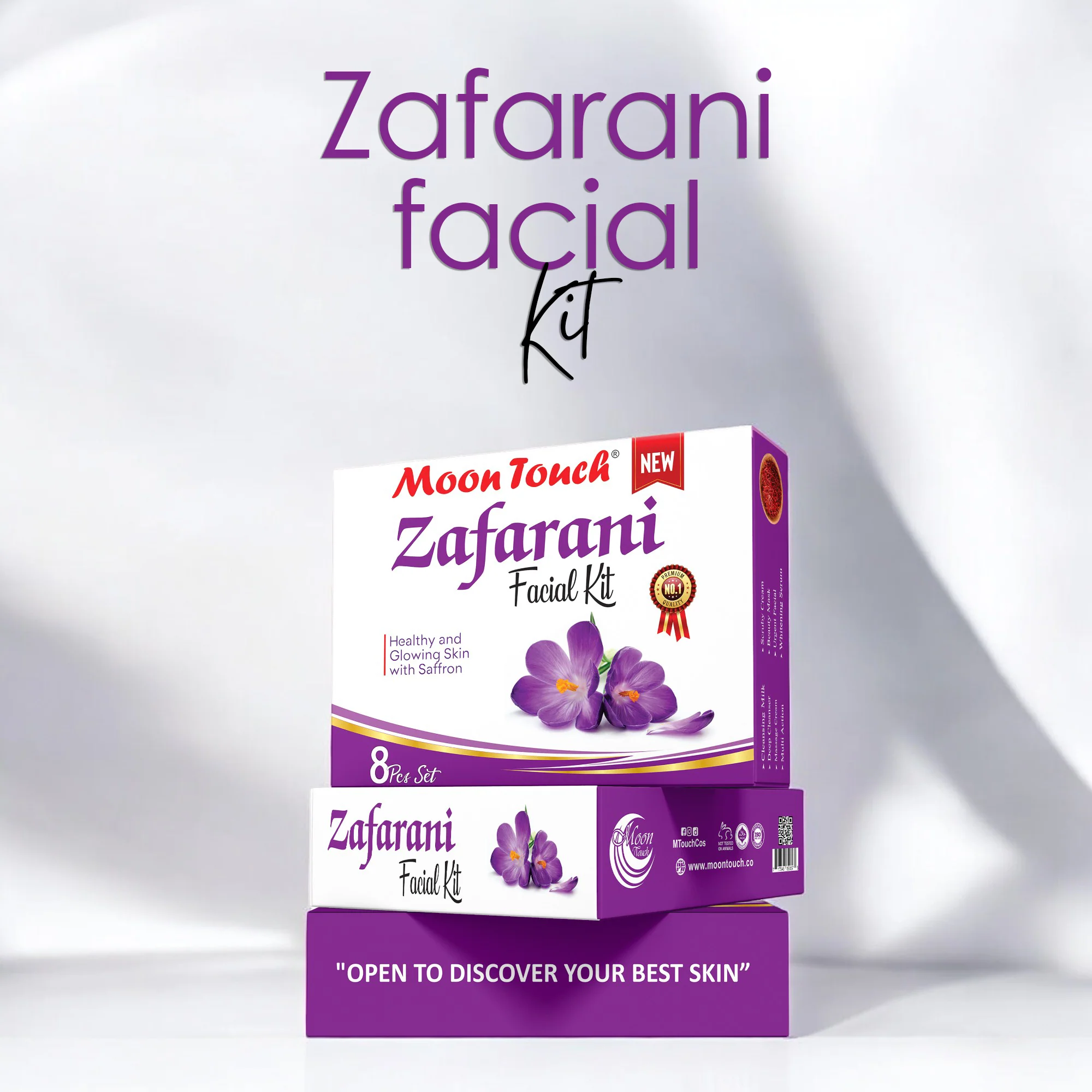 Zafarani-facial-range-oky1_1766659945.webp Moon Touch New Zafrani Facial Kit | Saffron Brightening Herbal Facial Set for Glowing Skin (8 Pcs) - Image 1