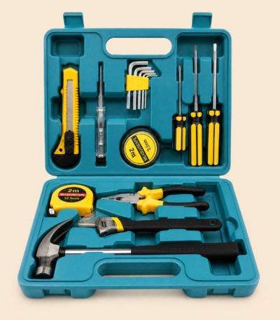12-in-1 home tool kit with household repair tools and durable storage box