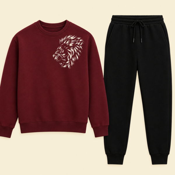 LION Printed Maroon  Tracksuit Sweatshirt & Trouser  | Warm & Comfortable Winter Wear | XL