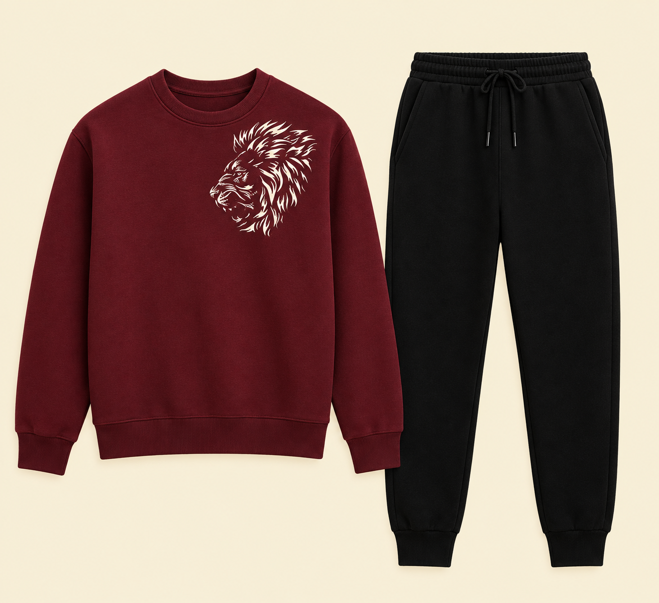 c286fb55-6332-4cd0-b40c-8ecc61dcc356 LION Printed Maroon Tracksuit Sweatshirt & Trouser | Warm & Comfortable Winter Wear | XL - Image 1