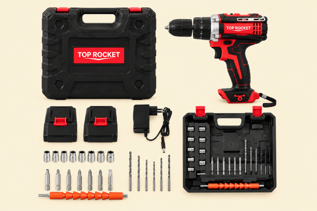 TOP ROCKET 48V cordless drill kit with double batteries and carry case