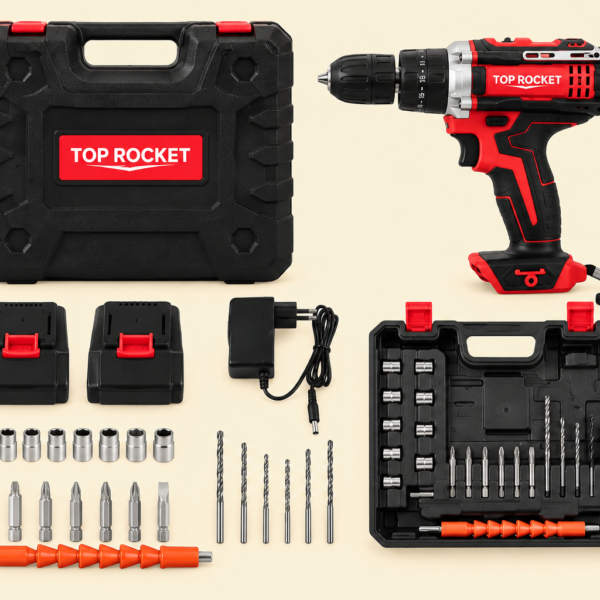 TOP ROCKET 48V cordless drill kit with double batteries and carry case
