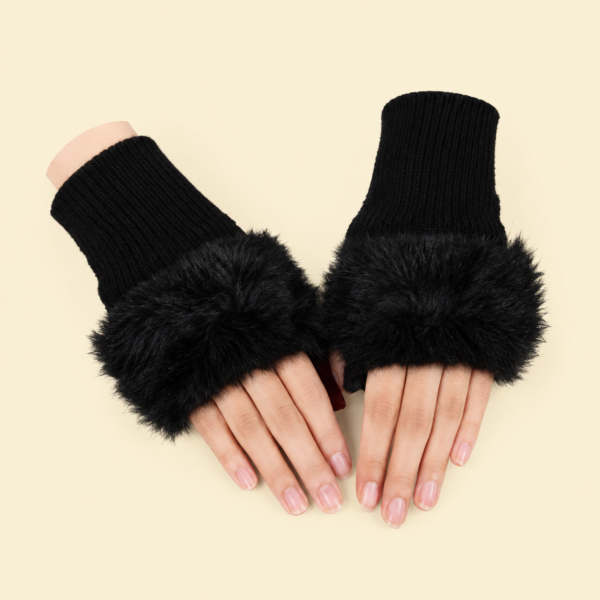 Women’s Faux Fur Fingerless Knitted Gloves | Warm Winter Hand Wrist Warmers | Soft, Stylish & Comfortable | Black