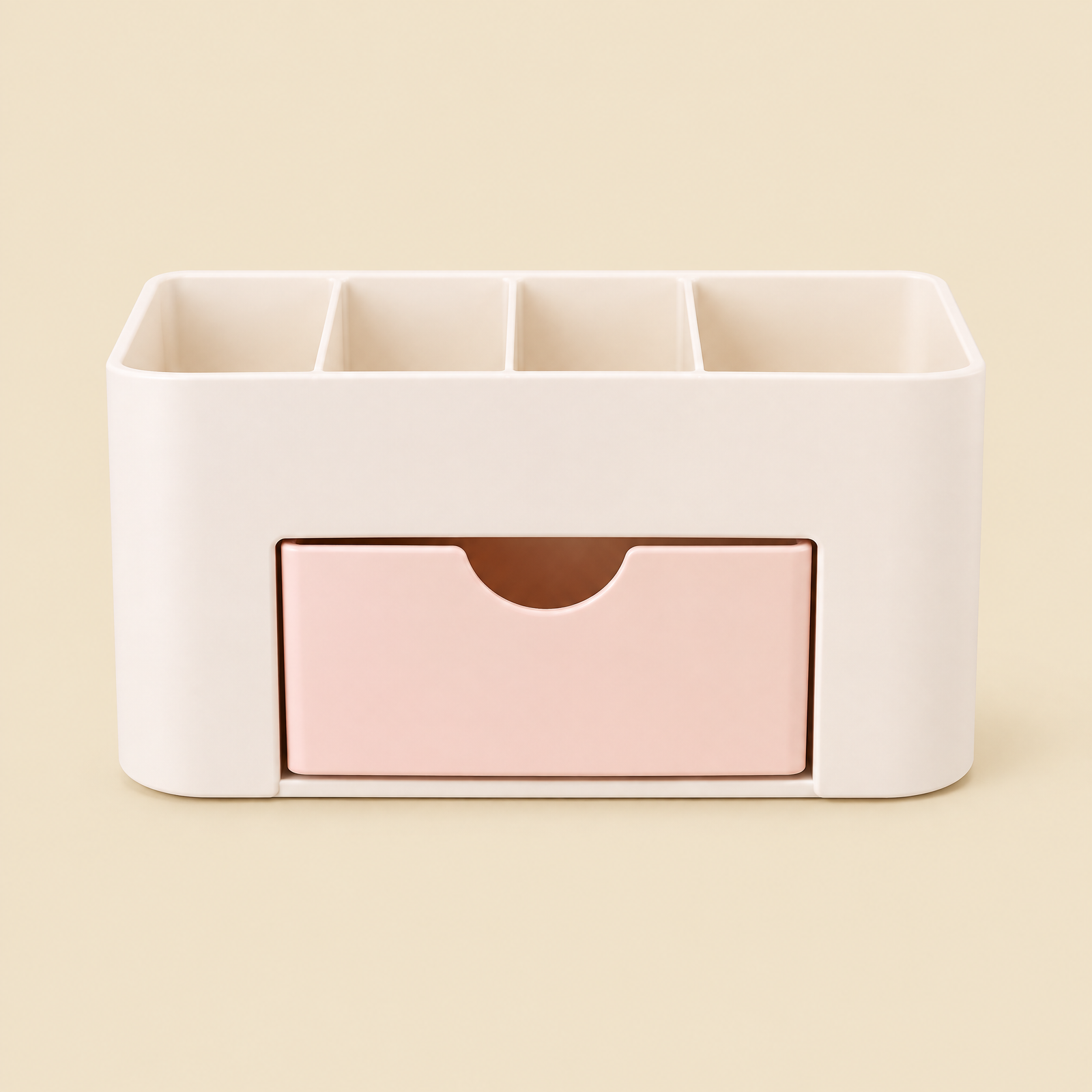cosmetic_organizer_cream_background Plastic Makeup Organizer with Drawer | Desktop Cosmetics & Makeup Brush Storage Box | Office & Stationery Organizer - Image 1