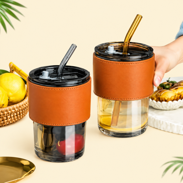 Bamboo Joint Glass Cup with Lid & Straw | 13oz Can-Shaped Tumbler with Leather Sleeve
