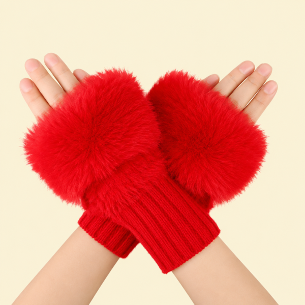 Women’s Faux Fur Fingerless Knitted Gloves | Warm Winter Hand Wrist Warmers | Soft, Stylish & Comfortable | Red