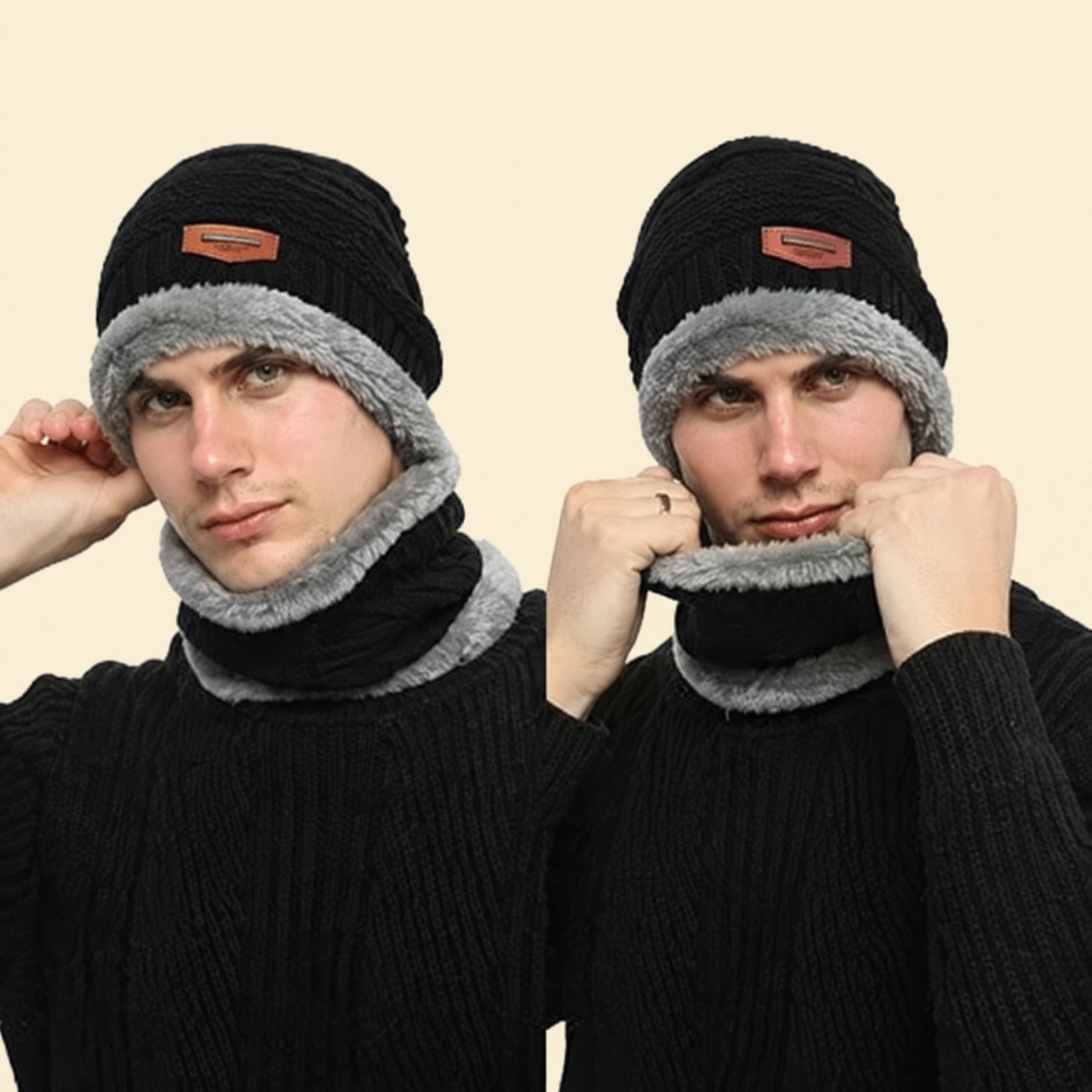 output_fbf3dc_background_2 Winter Wool Cap with Neck Warmer Set | Thermal Beanie & Scarf Combo for Men and Women | Black And Gray - Image 1