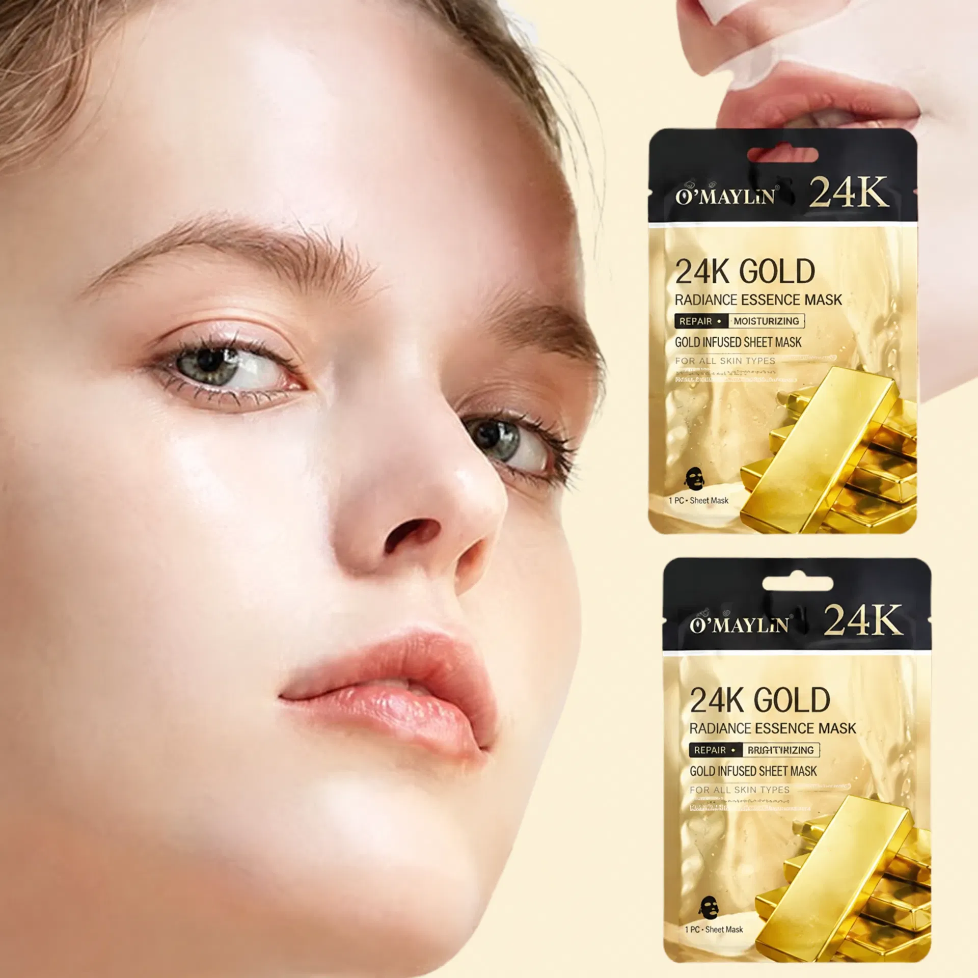 qXS39vWRHCSiewLLCMfZ95_1789659677854_na1fn_L2hvbWUvdWJ1bnR1L291dHB1dF9za2luY2FyZV9iZ19mYi1mM2Rj Pack of 2 | O’Mayln 24K Gold Firming Essence Mask 30ml | Skin Firming & Anti-Aging Treatment - Image 1