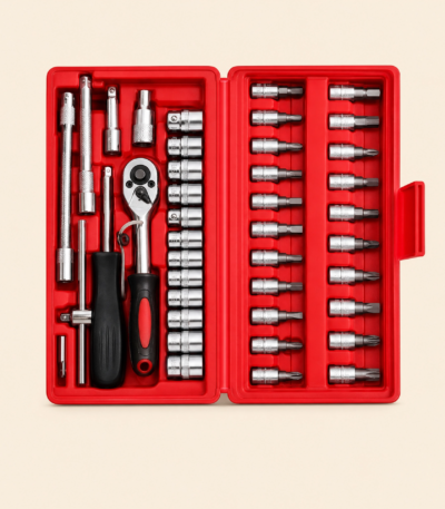 46-piece chrome vanadium steel socket wrench set with ratchet, screwdriver bits, sockets, and storage case