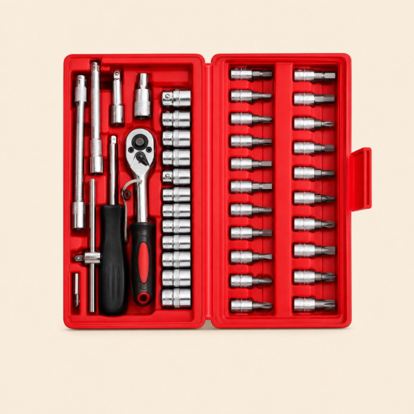 46-piece chrome vanadium steel socket wrench set with ratchet, screwdriver bits, sockets, and storage case