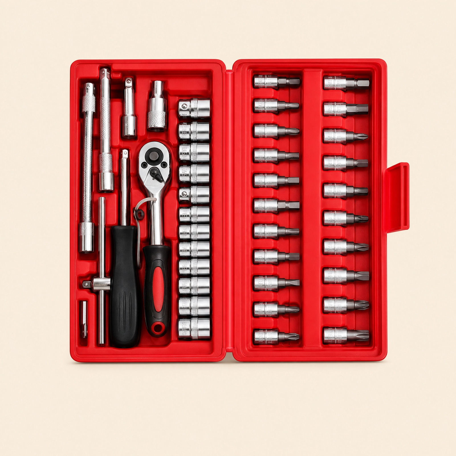 red_tool_kit_cream_background 46-piece chrome vanadium steel socket wrench set with ratchet, screwdriver bits, sockets, and storage case