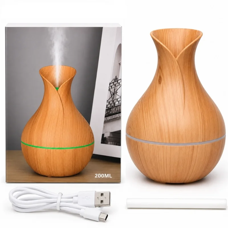 yourmartproducts32_1787917773.webp Vase-Shaped LED Humidifier | Model JSQ07 | USB Wood Grain Ultrasonic Cold Mist Humidifier | Aromatherapy Air Freshener | 200 ml - Image 1
